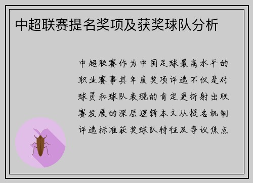 中超联赛提名奖项及获奖球队分析